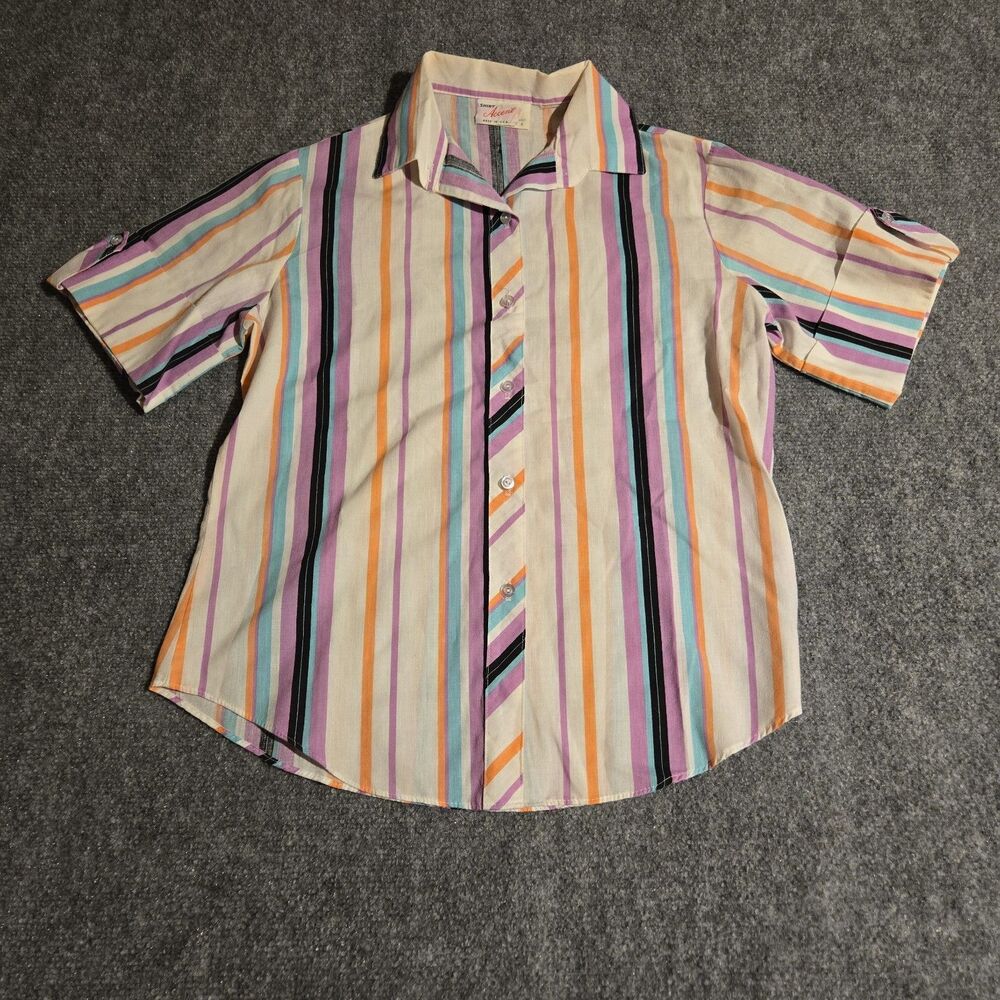 VTG 80’s SHIRT ACCENT Pastel Striped Short Sleeve Button-up Blouse Womens 8
